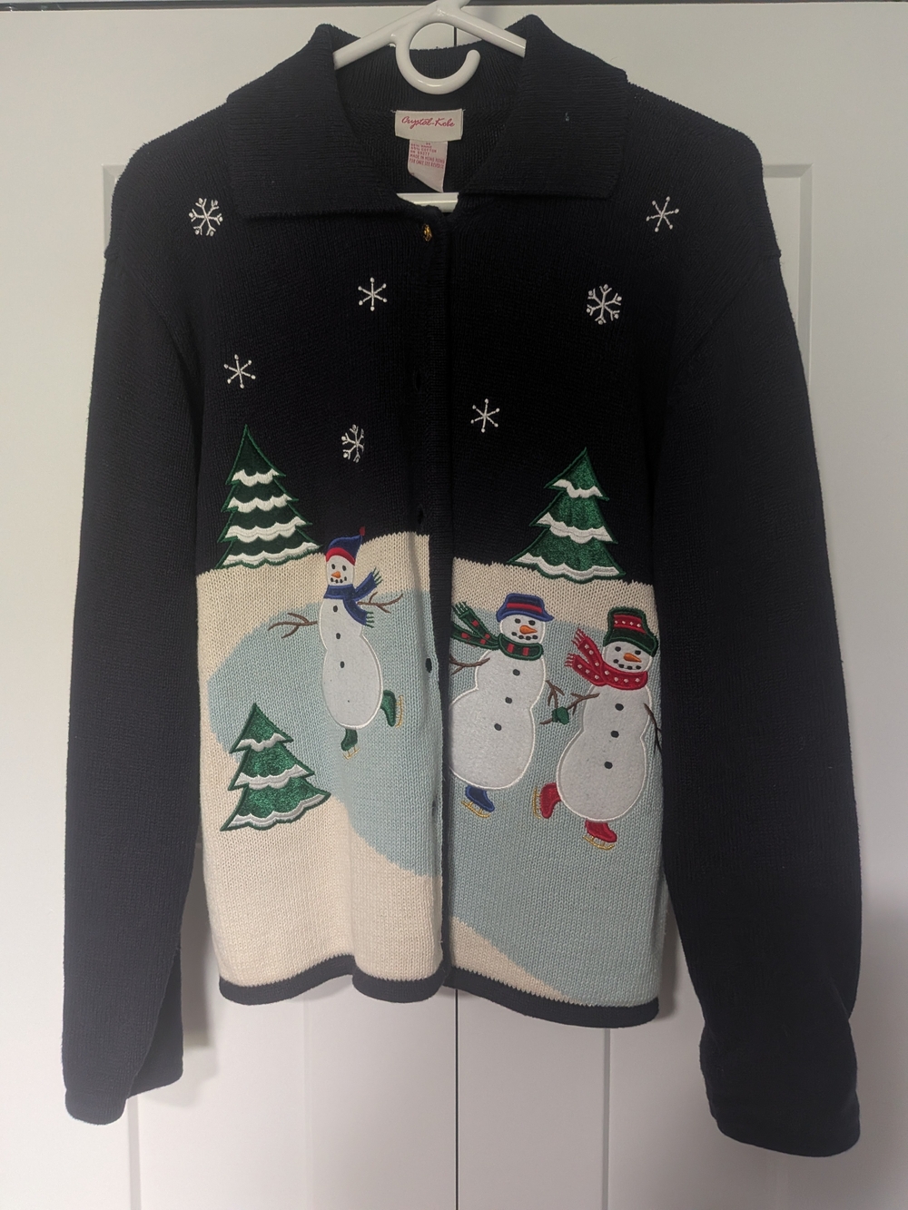 CRYSTAL KOBE WOMEN'S CHRISTMAS WINTER SNOWMEN CARDIGAN SWEATER  SZ M Christmas